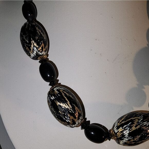 HOBE BLACK GOLD SILVER STREAKED BEAD BARREL SHAPE NECKLACE 14"+3" VTG - Picture 3 of 8